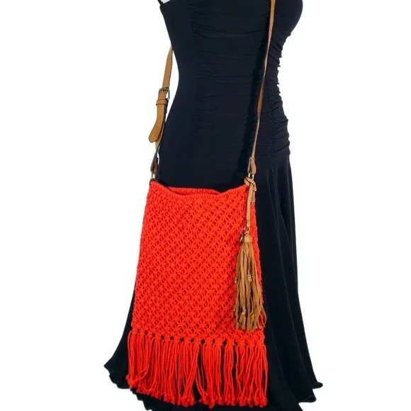 LUCKY BRAND Red Macrame Fringe Crossbody Bag - Picture 2 of 6